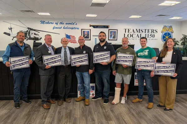 Members of Local 407 at a press conference endorsing David Chess for mayor. Photo credit: Local 407.