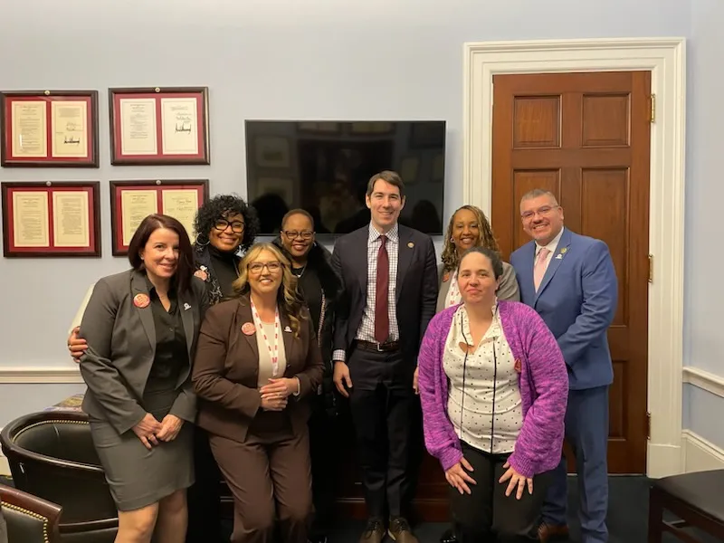 AFSCME members met with Rep. Josh Harder of California (center) on Capitol Hill. Photo courtesy of NENA. 