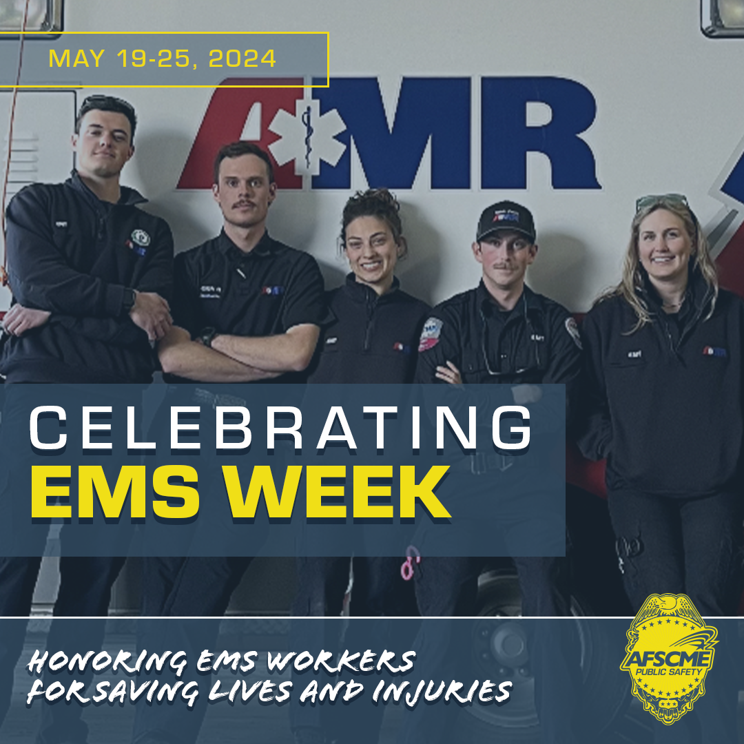Celebrating EMS Week. Group of new AFSCME Council 9 members at AMR Bozeman. Photo courtesy of Tyler Holmes.